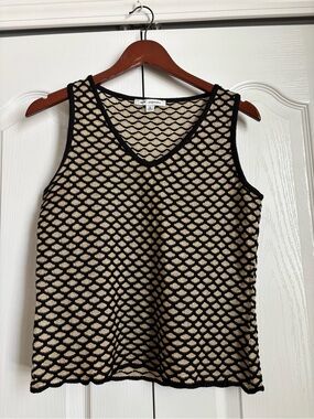 St. John Black & Cream Textured Knit V-Neck Tank